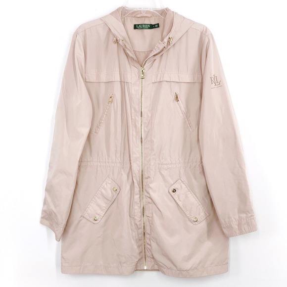 Lauren Ralph Lauren Hooded Jacket Womens L Pink Windbreaker Lightweight Gold Zip - Picture 8 of 9